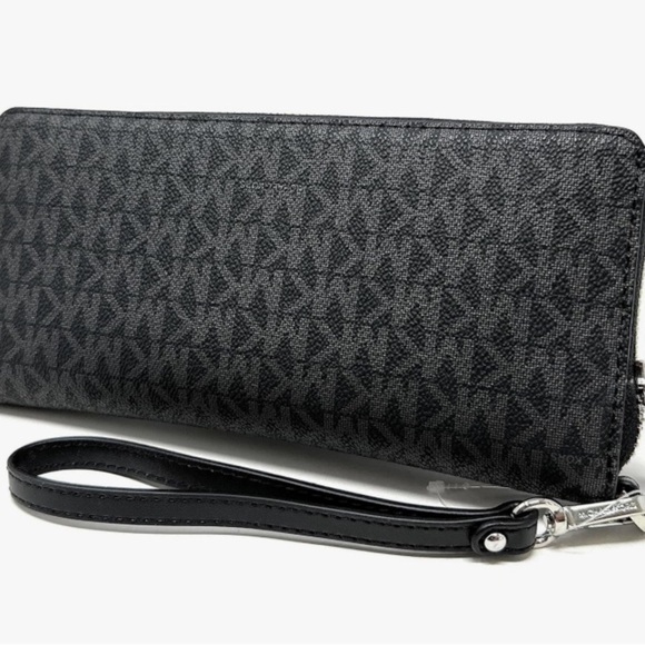 $298 NEW! MICHAEL KORS JET SET CONTINENTAL WALLET/WRISTLET BLACK MK MONOGRAM NEW - Picture 3 of 6